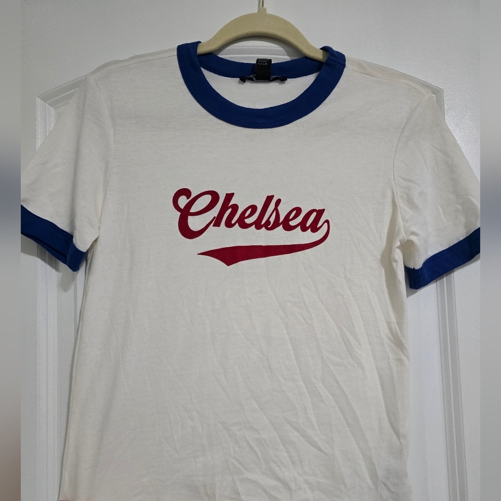 Forever 21 NWT White Tee with Blue Trim and Red Smocked Chelsea Logo